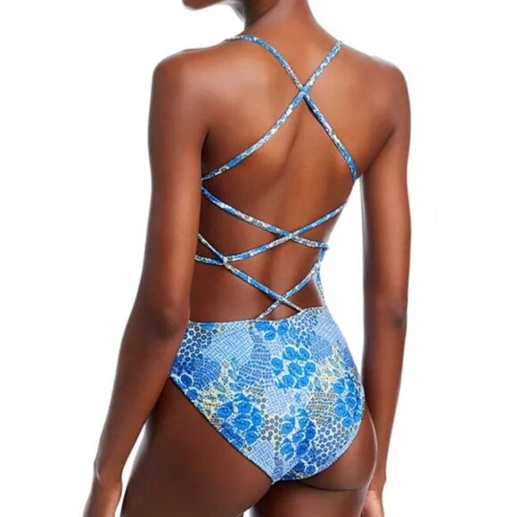 Peixoto Printed One Piece Swimsuit Straps Crisscross at Back Size S Blue - Picture 2 of 2